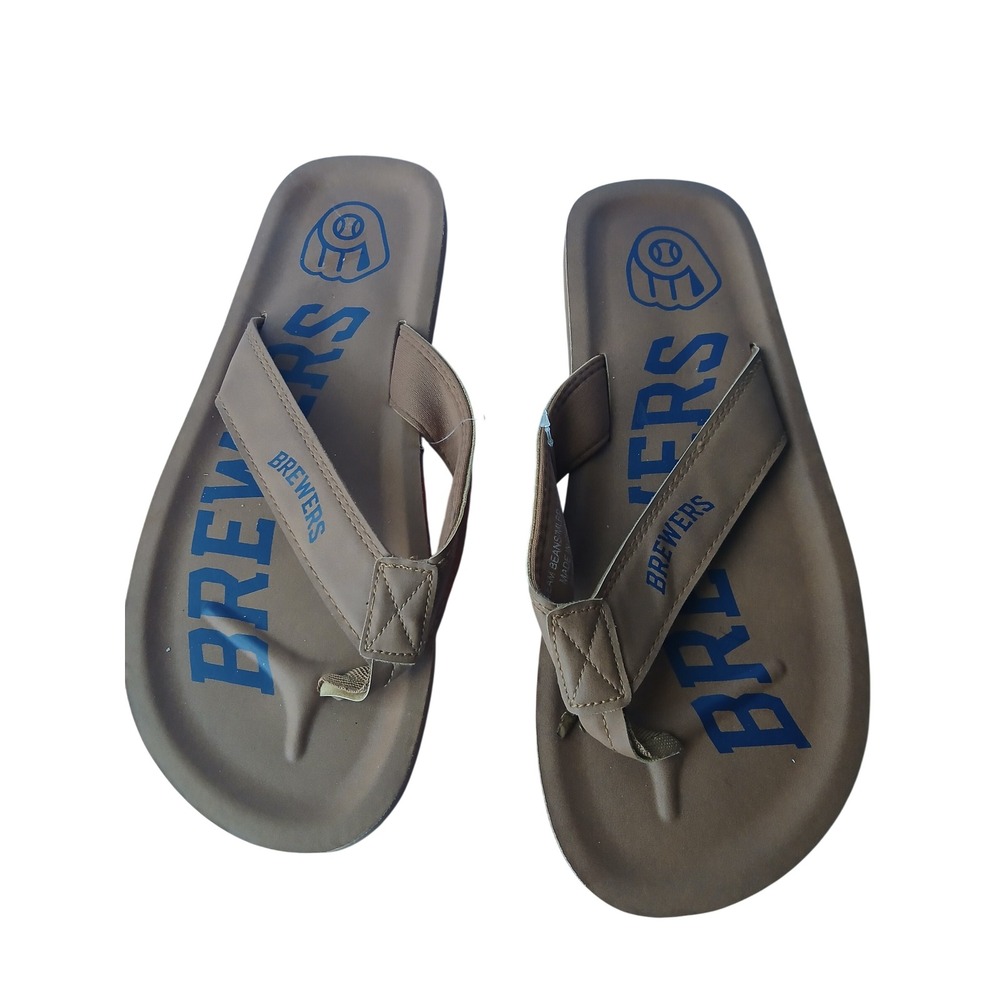 FOCO Milwaukee Brewers MLB Mens Tan Blue Flip Flop Sandals Size Large L New